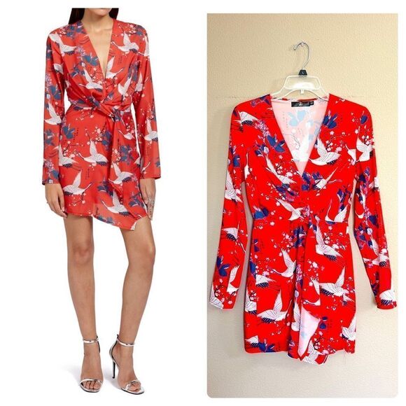 Missguided Bird Cherry Blossom Print Faux Wrap Dress - Picture 1 of 11